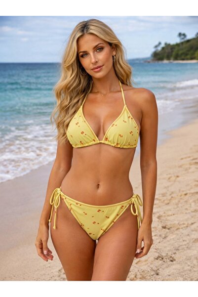 JUMALLİ Kadın Sarı Çiçek Desenli Üçgen Bikini Takım Likralı Esnek Boyundan Ba...