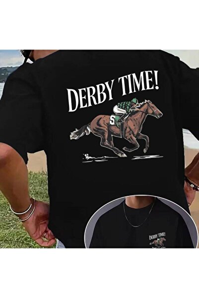23 nisan تي شيرت كاجوال برقبة دائرية، طباعة DERBY TIME لسباق الخيل، تصميم ريا...