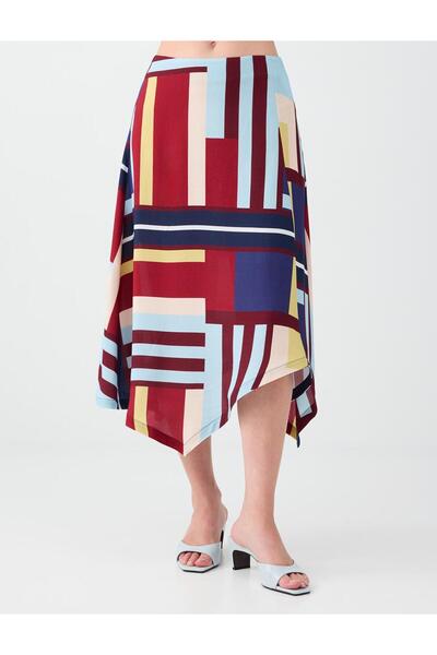 Jimmy Key Red Geometric Patterned Asymmetrical Midi Skirt