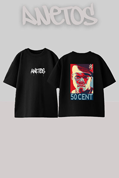 Anetos 50 Cent_42 dizajn, štampana unisex majica prevelikog kroja, crna