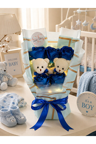 Salish Işıklı Mavi Gül ve Peluş Ayıcık Buketi | Yeni Doğan Erkek Bebek Hediye...