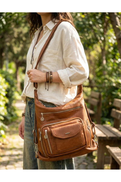 MEGA ÇANTA Leather Look Multi-Compartment Soft Large Size Backpack Shoulder Bag