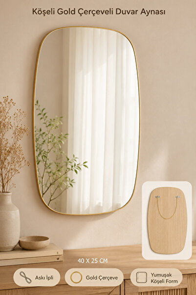 Tilbe Home Köşeli Gold Çerçeveli Dekoratif Duvar Aynası 40X25 Askılı Modern S...