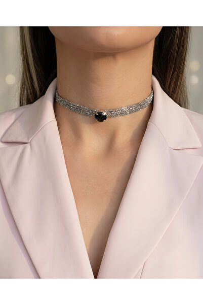 Eva Takı Store Cord Chain Knitted Crystal Stone Handmade Choker Collar Black ...