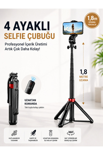 DEANB 180 cm Bluetooth Selfie Çubuğu Tripod Uzaktan Kumandalı Alüminyum Karbo...