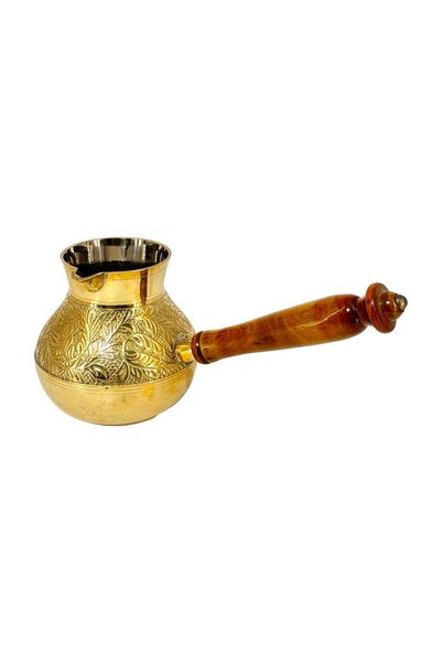 Al Athar Arts Brass Hand Coffee Warmer Pot Without Lid With Wood Handle Yellow Finish (H:5"W:5"Capacity:600Ml)