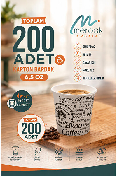 Merpak Ambalaj Karton Bardak 6,5 Oz Sızdırmaz 200 Adet Erimez Dayanıklı Kağıt Bardak Kullan At Bardak 200'lü