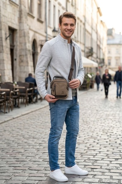 MEGA ÇANTA Men's Canvas Faux Leather Detailed Adjustable Strap Shoulder Bag