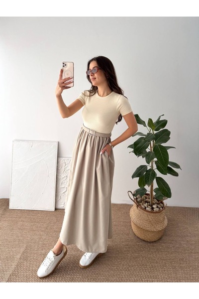 PIOVE Women's Belt Detailed Maxi Dress Crew Neck Short Sleeve Beige Long Dress