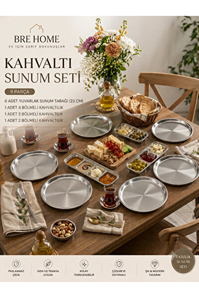 BRE HOME 9 Parça Paslanmaz Çelik Kahvaltı Sunum Seti 6 Adet 23 cm Yuvarlak Se...