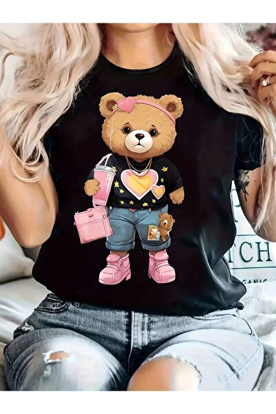 STITCHLY تي شيرت كاجوال - تصميم لطيف برسومات الدببة |   لون أسود مع تصميم ورد...