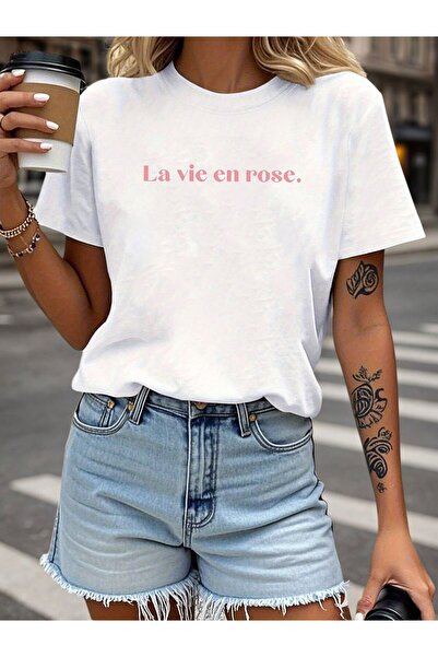 23 nisan تي شيرت فرنسي مطبوع عليه حروف La Vie En Rose، قميص كاجوال بأكمام قصي...