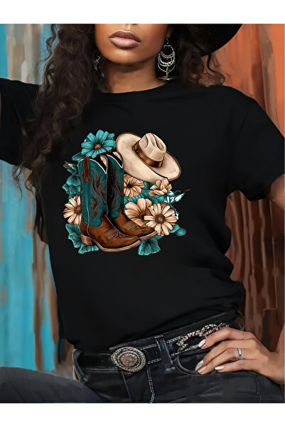 17 seramik 1pc Women'S Western Cowboy Boot And Hat Graphic T-Shirt, Casual Cr...