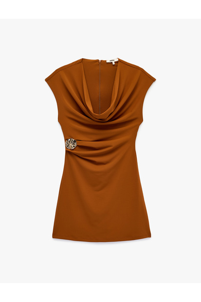 Koton Slim Fit Short Sleeve Metal Accessory Degaje Collar Bodycon Mini Evenin...