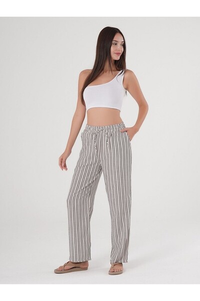 Flubutik Black Striped Adjustable Waist Linen Cotton Trousers