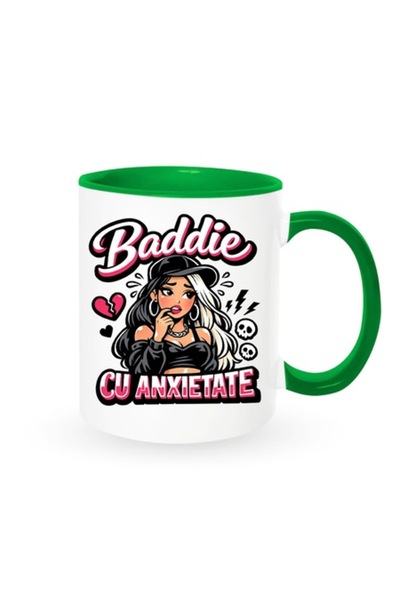 OEM Cană cu mesaj amuzant: "Baddie cu anxietate", albă cu interior verde, 330...