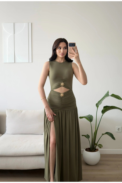 Zoom Butik Güneş Gold Toka Yırtmaçlı Elbise - HAKİ