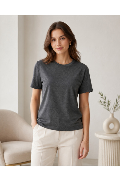 Hediyesepeti Kadın Regular Fit Bisiklet Yaka Kısa Kollu Tişört %100 Pamuklu T-Shirt Füme Renk