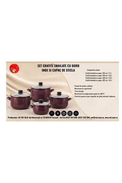 VEF SET 4 CRATITE BOMBATE CU CAPACE DE STICLA SI BORD INOX, 16CM, 18CM, 2CM, 22CM