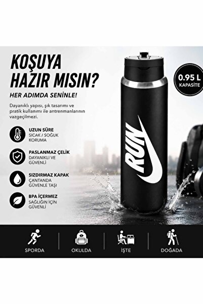 Nike 0,95 L Paslanmaz Çelik Termos Siyah – Çift Katmanlı Vakumlu Çelik Su Mat...