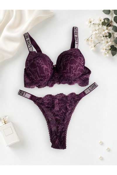 Gold Night Women's lace rhinestone underwire padded push-up bra and panty set...