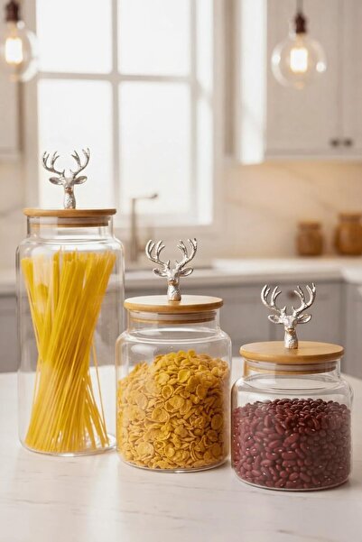 Yıldızan 3-Piece Bamboo Lid Silver Deer Figured Transparent Glass Jar Transpa...