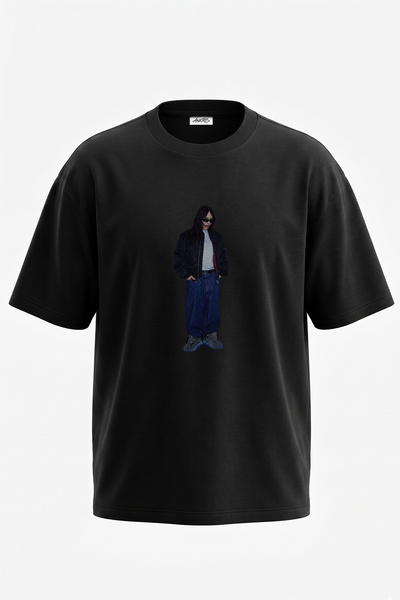 Anetos Billie Eilish_97 dizajn, štampana unisex majica oversize crne boje