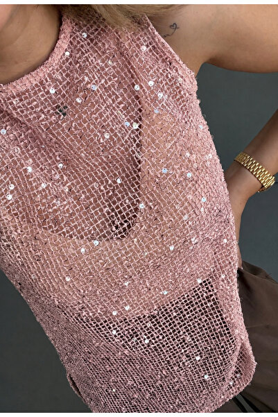 Perry Boutique Γυναικεία ροζ μπλούζα με παγιέτες, αμάνικη, χωρίς φόδρα, ασύμμ...