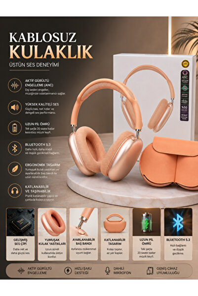 ANC Bluetooth 5.3 Kablosuz Kulaklık Hi-Fi Stereo Katlanabilir Mikrofonlu Uzun Pil Ömürlü Beyaz