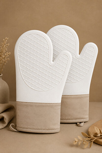 MİS KİTCHEN White Silicone Oven Gloves Set of Two 29X18 cm Heat Resistant Non...