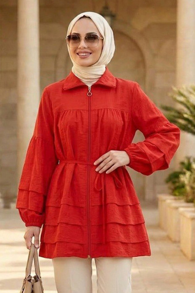 N.S NEVA STYLE Fırfır Detaylı Kırmızı Fermuarlı Tesettür Tunik 15131K