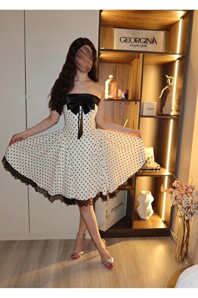 VELORA Barbie White Polka Dot Evening Dress