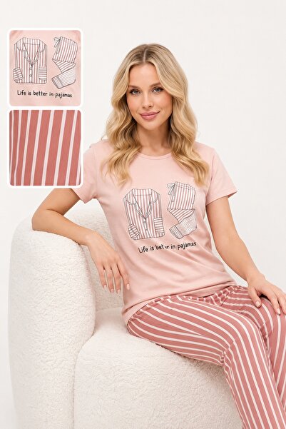 CottonVia Women's Pajama Set, 100% Cotton, Short Sleeve, Crew Neck, Printed, ...