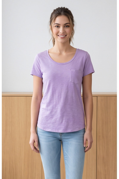 Collezione Women's Oval Collar Slub Knitted Comfortable Fit T-Shirt with Left...