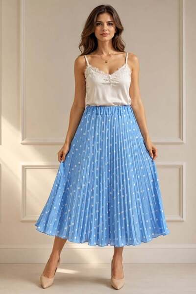 FashionForYou Fustă plisată elegantă IRISSA, cu buline și croială midi, Albas...