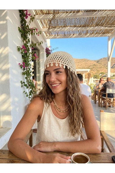 alinastore Seashell Detailed Mesh Knit Beanie Hat Bandana