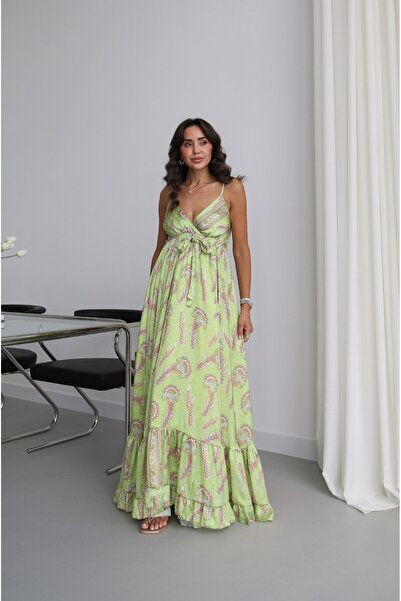Havoş Green Ethnic Patterned V-Neck Satin Dress