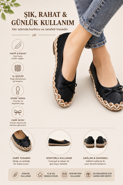 MGEStore Women's Straw Detailed Ballerina Shoes, Daily Comfortable Flat Sole, Casual Ballerina Shoes with Bow