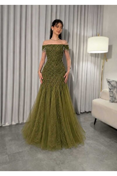 Kurtah Luxury Crystal Embellished Off Shoulder Maxi Evening Dress
