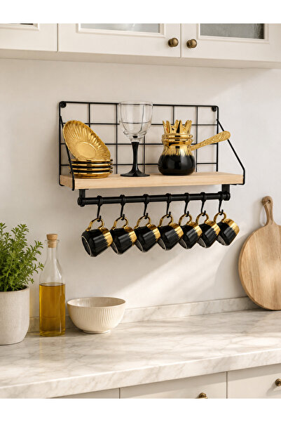 mba decor metal bending art Siyah Metal Ahşap Duvar Rafı 35x27x10 cm Mutfak Banyo Askılı Organizer
