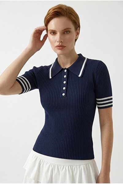 Neden Tekstil Women's Polo Collar Buttoned Short Sleeve Knitwear Blouse