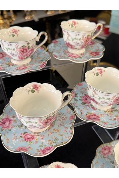 LOKMAN ZÜCCACİYE SHOWROOM 6-Piece Flowered First Class Porcelain Coffee Cup S...