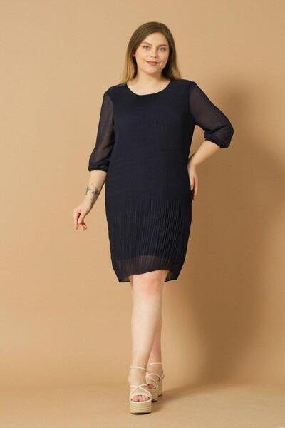 ZY BUTİK Navy Blue Plus Size Three-Quarter Sleeve Pleated Chiffon Dress