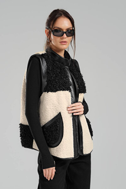 tw3 Plush Detailed Faux Leather Women's Designer Vest