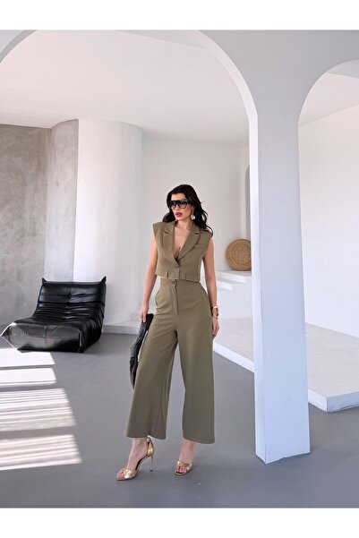MyLoore Women's Khaki Lined Vest and Pants Two-Piece Set Mlb00069
