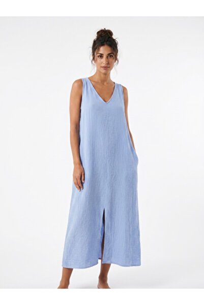Mulberry Aydan Muslin Dress – V-Neck with Pockets, Comfortable Fit, Long Wome...