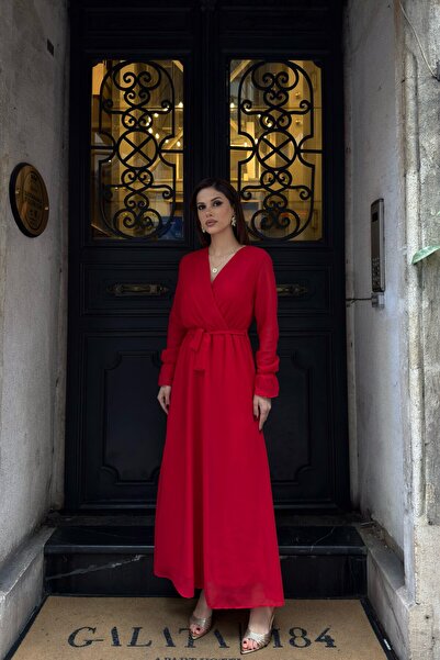 MyLoore Women's Red Belted Double Breasted Collar Maxi Chiffon Dress Mlb210
