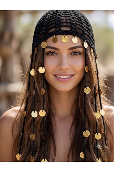NOİR & GOLD Festival Stili Madalyon Süslemeli Şık Örgü Aksesuar