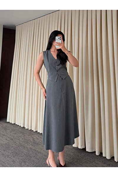 My Blog Gray Striped Vest Skirt Set - 24Y4045