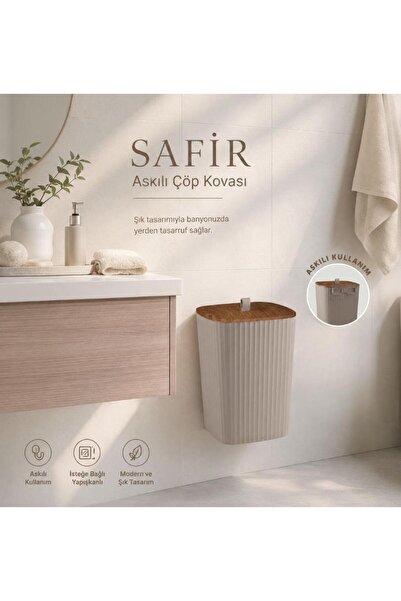 Okyanus Home Safir Yapışkanlı Asılabilir Çöp Kovası Ahşap Detaylı Vizon
